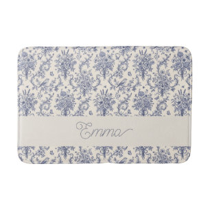 Tapis De Bain Nom Motif Toile de Jouy Bleu Campagne Française