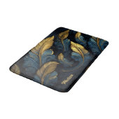Tapis De Bain Nom personnalisé Bleu - Feuilles d'or (Angle)