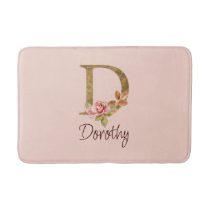 Tapis De Bain Nom personnalisé Blush Roses Lettre D en feuille d