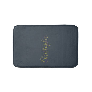 Tapis De Bain Nom personnalisé Navy Blue Or Script Minimaliste H