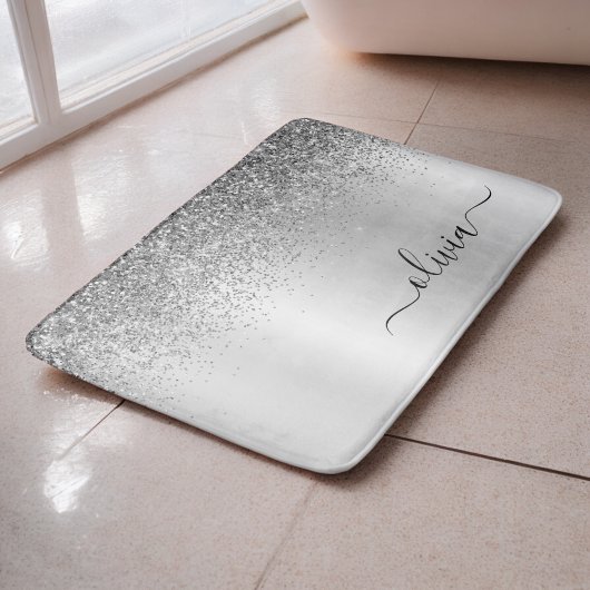Tapis De Bain Nom scintillant argenté noir écriture cursive pour