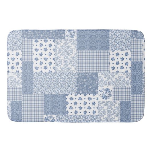 Tapis De Bain Nostalgique Indigo Faux Patchwork Grand Mat Bain (Devant)