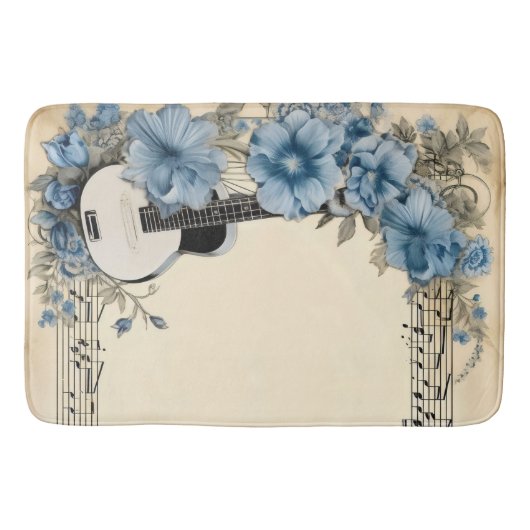 Tapis De Bain Notes de musique de guitare bleue Fleurs (Devant)