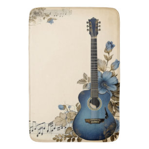 Tapis De Bain Notes de musique de guitare bleue Fleurs