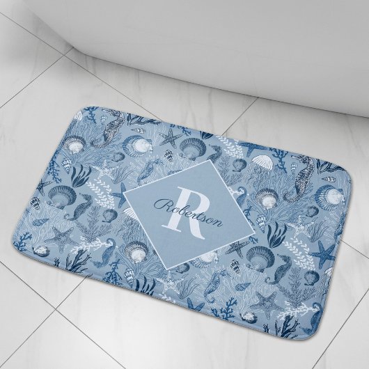 Tapis De Bain Océan bleu Vie marine Monogramme Côté