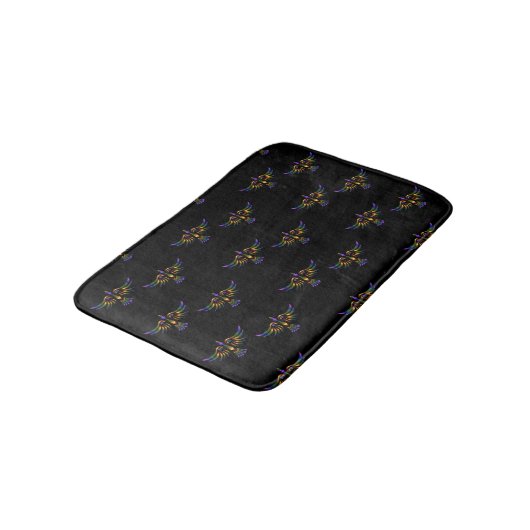 Tapis De Bain Oiseau abstrait doré, violet et vert sur noir (Angle)