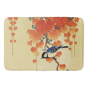 Tapis De Bain Oiseau bleu Tit, Branche de Paulownia, Feuilles ro