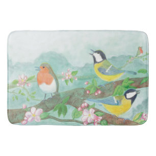 Tapis De Bain Oiseaux chantant sur une branche d'arbre en fleurs