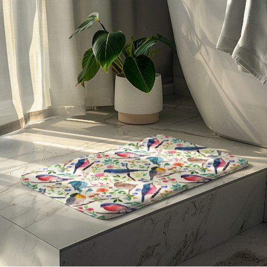 Tapis De Bain Oiseaux colorés Fleurs Motif