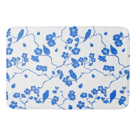 Tapis De Bain Oiseaux en fleurs de cerisiers Bleu Imprimer (Devant)