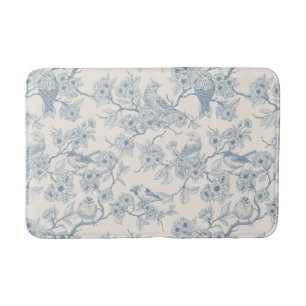 Tapis De Bain Oiseaux et fleurs de cerisier en bleu et blanc cas