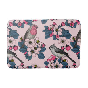 Tapis De Bain Oiseaux et fleurs roses