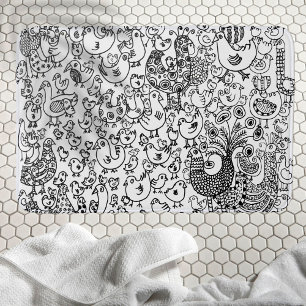 Tapis De Bain Oiseaux Main noire et blanche dessinée Art contemp