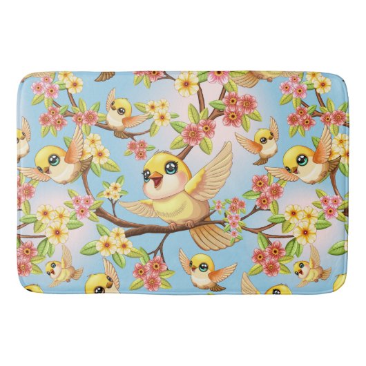 Tapis De Bain Oiseaux mignons et heureux parmi les fleurs du pri (Devant)