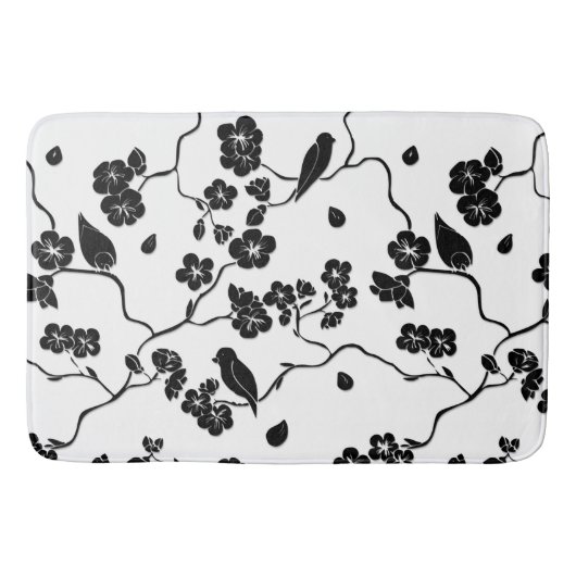 Tapis De Bain Oiseaux Motifs noirs et blancs sur les fleurs de c (Devant)