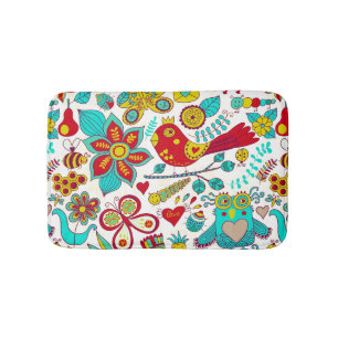 Tapis De Bain Oiseaux rétro colorés Fleurs et lapins lapins