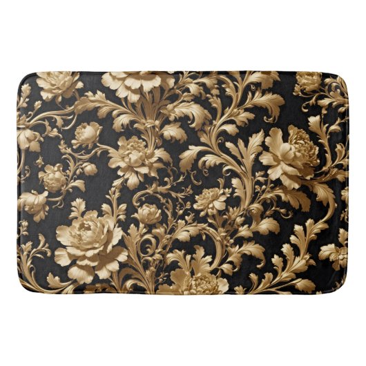 Tapis De Bain Opulence élégante : Fleurs noires et or flamand (Devant)
