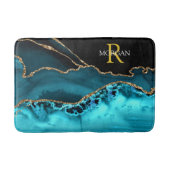 Tapis De Bain Or noir & Agate Turquoise, Monogramme & Nom (Devant)