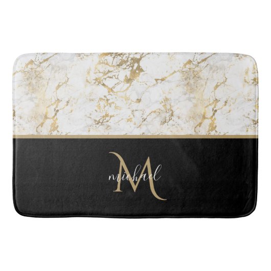 Tapis De Bain Or Noir & Marbre Monogramme Élégance Luxe (Devant)