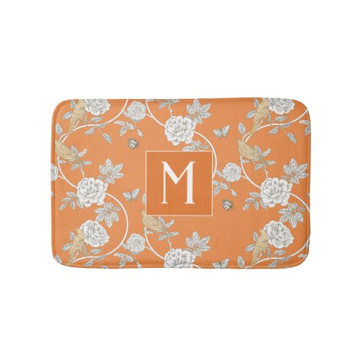 Tapis De Bain Orange Chinoiserie Floral Monogramme (Devant)
