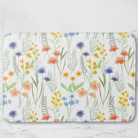Tapis De Bain Orange Yellow Blue Watercolor Wildflower