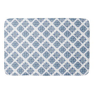 Tapis De Bain Ornement brodé bleu sur blanc