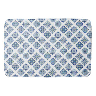 Tapis De Bain Ornement brodé bleu sur blanc