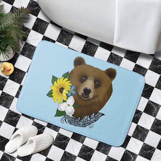 Tapis De Bain Ours Brun Fleurs Bleues Plume Faune