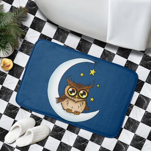 Tapis De Bain Owl Moon Blue Cute Stars
