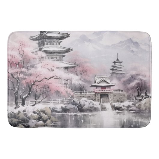 Tapis De Bain Pagode rose gris japonais Sakura fleurit (Devant)