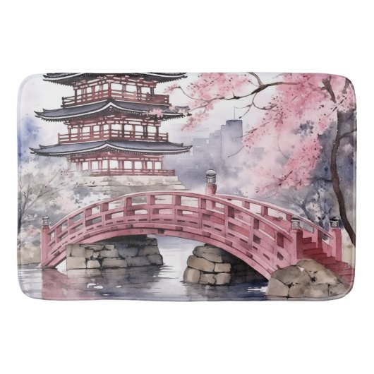 Tapis De Bain Pagode rose gris japonais Sakura fleurit (Devant)