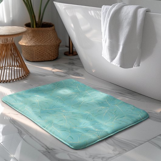 Tapis De Bain Palme tropicale bleu clair motif feuille