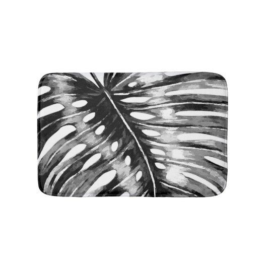 Tapis De Bain Palmette noire et blanche de monstera tropicale (Devant)