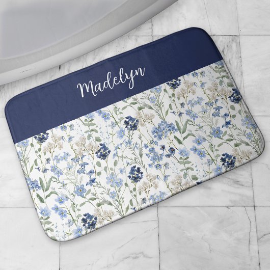 Tapis De Bain Papier Aquarelle Fleur Sauvage Monogramme Nom