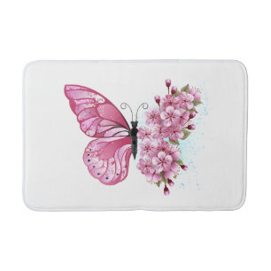 Tapis De Bain Papillon à fleurs avec Sakura rose