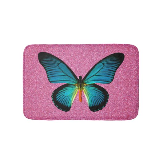 Tapis De Bain Papillon Bleu Sur Parties scintillant Rose Mat (Devant)