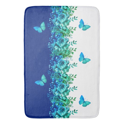 Tapis de bain papillon botanique bleu (devant Vertical)
