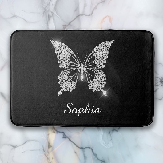 Tapis De Bain Papillon Diamant Blanc, Nom de Script, Noir