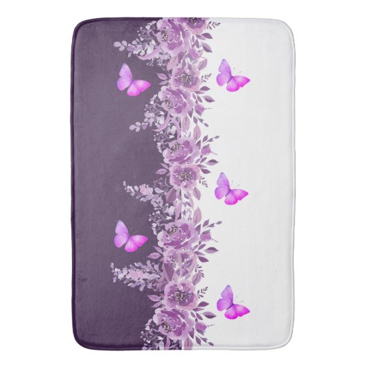 Tapis De Bain Papillon Violet Vibrant et Dessin Botanique (devant Vertical)