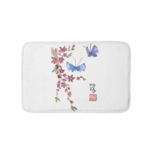 Tapis De Bain papillons bleus et fleurs roses (Devant)