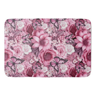 Tapis De Bain Papillons et Fleurs dans des tons roses variés