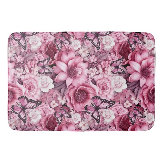 Tapis De Bain Papillons et Fleurs dans des tons roses variés (Devant)