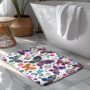 Tapis De Bain Papillons et Motif de fleurs colorés rétro