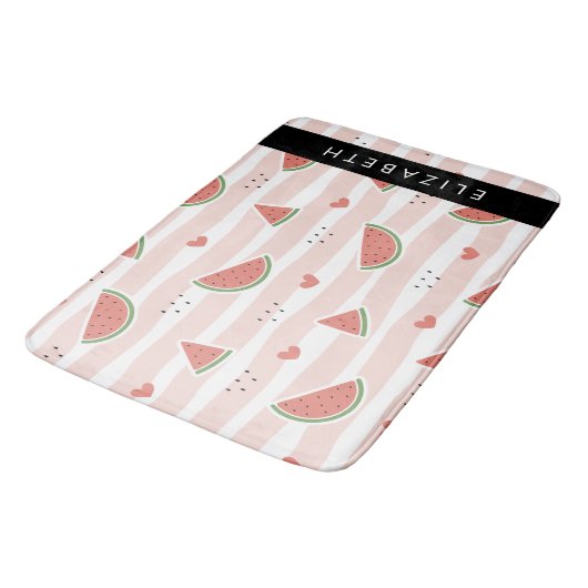 Tapis De Bain Pastèques Rouges, Coeurs, Bandes, Votre Nom (Angle)