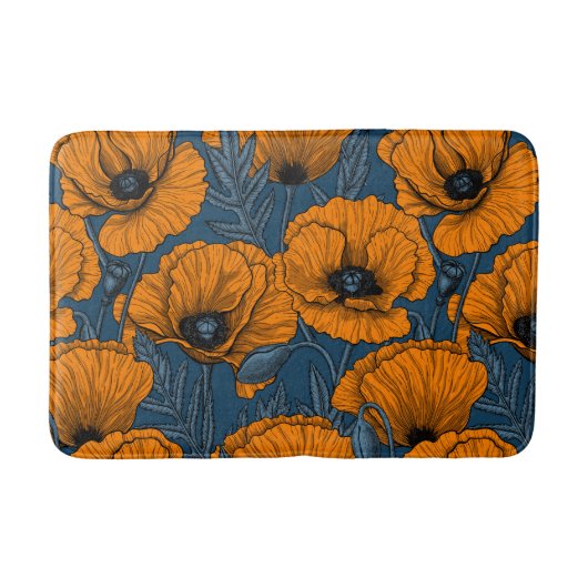 Tapis De Bain Pavot orange sur bleu foncé (Devant)