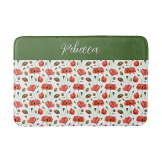 Tapis De Bain Pavot Rouge Aquarelle Monogramme Fleur Sauvage