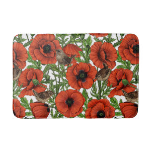 Tapis De Bain Pavot rouge et brindilles, feuilles verts sur blan
