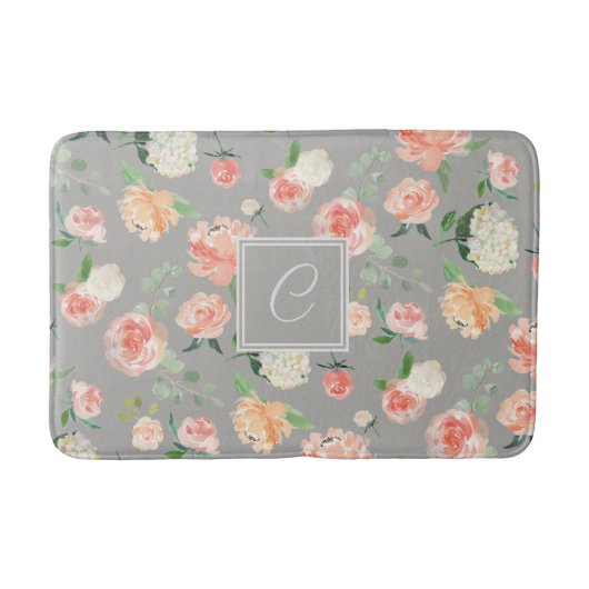 Tapis De Bain Peach et Taupe Floral avec Monogramme (Devant)