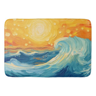Tapis De Bain Peinture à l'huile côtière Soleil et vagues