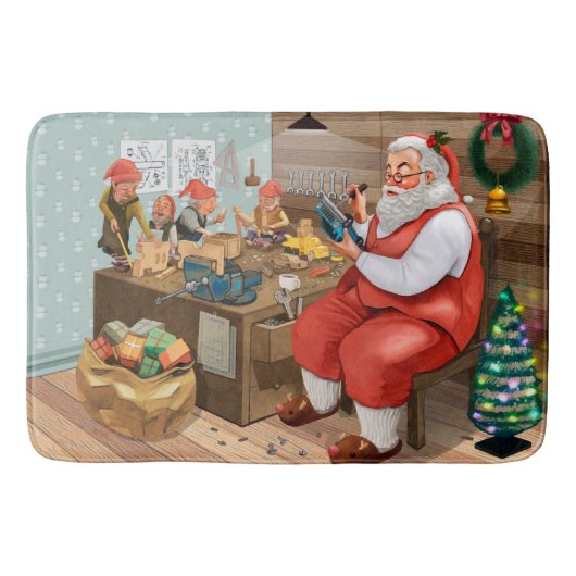 Tapis De Bain Père Noël Et Elfes Fabriquent Des Jouets | Noël (Devant)